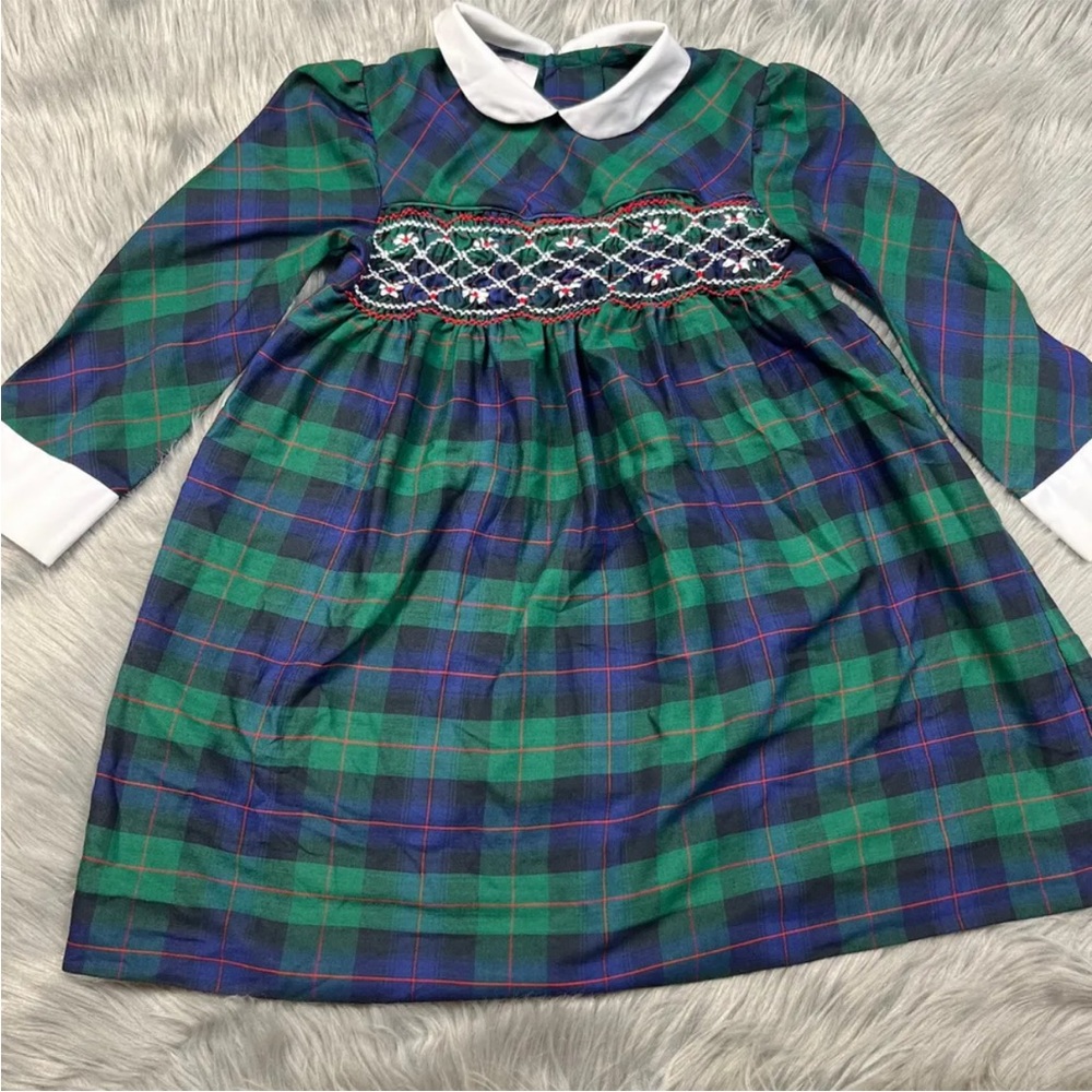 Vintage Polly Flinders Toddler Dress Green Blue Plaid holiday Smocked